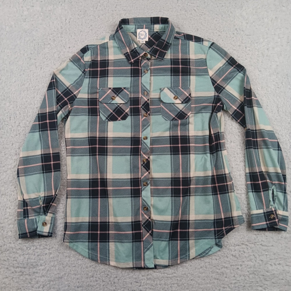 Blue Rain Shirt Women M Mint Green Plaid Button Down Long Sleeve 29178FR